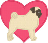 Pug valentine applique embroidery design, snugglepuppyapplique.com