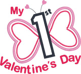 baby's first Valentine's Day applique embroidery design.  Butterfly with heart wings and a number one as it's body, snugglepuppyappliuqe.com