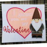 "I gnome you are my Valentine" Gnome Valentine applique embroidery design, Snugglepuppyapplique.com