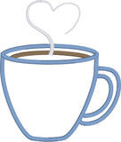 Hot Coffee applique embroidery design, steam makes a heart, snugglepuppyapplique.com