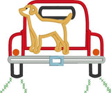 3D Pup in Pickup applique embroidery design, Truck tailgate folds down to show the rest of a dog.  Snugglepuppyapplique.com