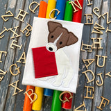 Jack Russell with Notebook back to school applique embroidery design, snugglepuppyapplique.com