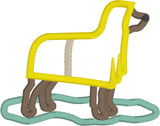 April Labrador applique embroidery design, Lab in profile wearing a raincoat and standing in a puddle, snugglepuppyapplique.com