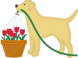 Labrador watering flowers appliqué embroidery design, snugglepuppyapplique.com