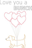 Love Bunch ITH greeting card quick stitch embroidery design, dachshund with heart balloons, ITH Valentine's Day card, snugglepuppyapplique.com