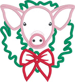 Pig with wreath Farmhouse Christmas Applique Embroidery Design by Snugglepuppyapplique.com