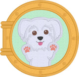 Maltese appliqué embroidery design, Paws on glass looking through a porthole, Snugglepuppyapplique.com
