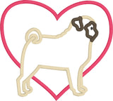 Pug valentine applique embroidery design, snugglepuppyapplique.com
