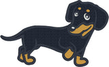 Black and tan dachshund applique design in profile, one paw is lifted and head is turned., snugglepuppyapplique.com