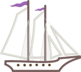 Sailing ship applique embroidery design, snugglepuppyapplique.com
