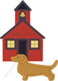 September Dachshund applique embroidery design, Dachshund in front of vintage schoolhouse, Snugglepuppyapplique.com
