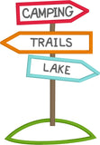 Camp sign Post Camping, Trails, Lake on a post applique embroidery Design by snugglepuppyapplique.com