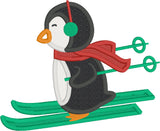 Penguin on skies applique embroidery design, snugglepuppyapplique.com