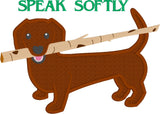 dachshund with a stick in this mouth appliqué embroidery design, snugglepuppyapplique.com