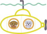 Submarine applique embroidery design, with two puppy looking out portholes, snugglepuppyapplique.com