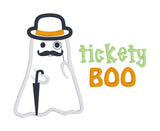 An applique of a ghost with a bowler hat, monocle and umbrella with the words "tickets Boo" embroidered by snugglepuppyapplique.com