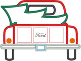 Christmas tree in the back of a pickup truck bed applique machine embroidery design by snugglepuppyapplique.com