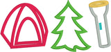 Camping Trio with dome tent, evergreen tree and flashlight applique embroidery design by snugglepuppyapplique.com