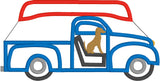 Ford truck appliqué embroidery design with canoe and dog, door opens, made ITH 3D, snugglepuppyapplique.com