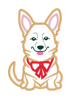 An applique design of a Welch corgi with a bow around its neck by snugglepuppyapplique.com