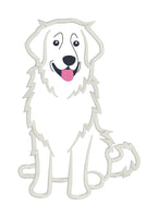 An applique design of a Great Pyrenees sitting and panting by snugglepuppyapplique.com