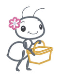 An applique design of an ant carrying a picnic basket with a flower tucked behind her ear. by snugglepuppyapplique.com