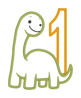 An appliqué design of a dinosaur with the number one by snugglepuppyapplique.com