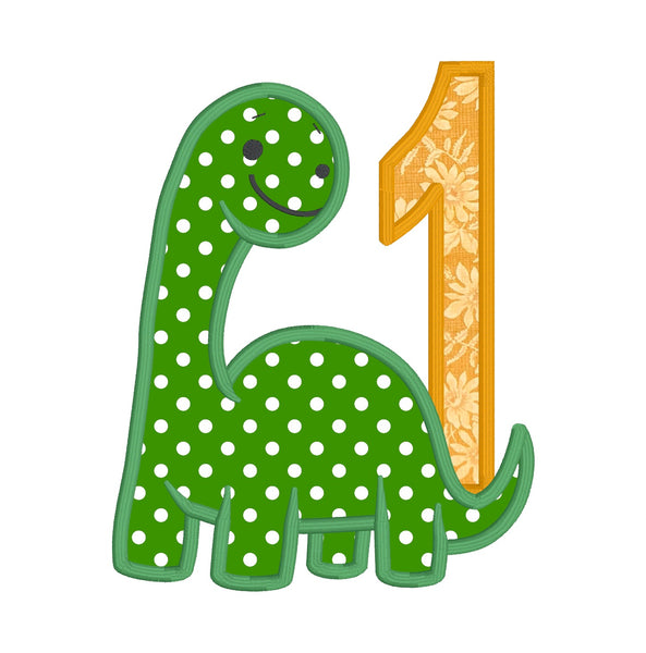 An applique of the number one with a brachiosaurus dinosaur in six sizes for first birthday