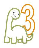 An applique design of a dinosaur and the number three by snugglepuppyapplique.com