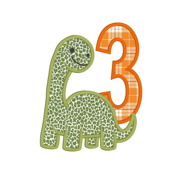 An applique of a brachiosaurus dinosaur with the number 3 by snugglepuppyapplique.com