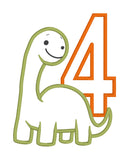 An applique design of a dinosaur and the number 4 by snugglepuppyapplique.com