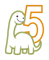 An applique design of the number five with a dinosaur by snugglepuppyapplique.com