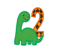 An applique of a brachiosaurus dinosaur with the number 2 by snugglepuppyapplique.com