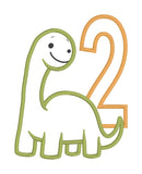 An applique design of a dinosaur with the number two by snugglepuppyapplique.com