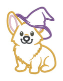 An applique design of a corgi wearing a witch or wizard's hat over one ear by snugglepuppyapplique.com