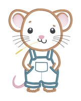 An applique design of a mouse with his hands in the pockets of overalls and chewing on a piece of wheat or grass by snugglepuppyapplique.com

