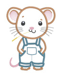 An applique design of a mouse with his hands in the pockets of overalls and chewing on a piece of wheat or grass by snugglepuppyapplique.com
