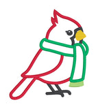 An applique design of a cardinal wearing a scarf by snugglepuppyapplique.com