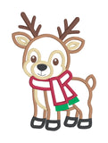 An applique design of a reindeer with 3D fringe on its scarf, by snugglepuppyapplique.com
