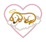 An applique design of a sleeping dachshund on a cloud with a halo and a heart in the background.