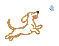 an applique of a dachshund running after a butterfly by snugglepuppyapplique.com