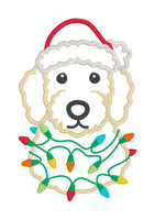 An applique design of a labradoodle wearing a Santa hat wrapped in Christmas lights by snugglepuppyapplique.com