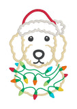 An applique design of a labradoodle wearing a Santa hat wrapped in Christmas lights by snugglepuppyapplique.com