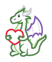 An applique design of a dragon holding a heart by snugglepuppyapplique.com