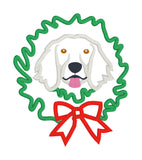 An appliqué of a English Setter dog with its head through a Christmas wreath in 6 sizes by Snugglepuppyapplique.com