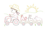 a bean stitch embroidery design of a girl riding a tractor pulling a chicken, rabbit and pig in trailers behind her by snugglepuppyapplique.com