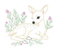 A bean stitch embroidery design of a woodland fawn lying in a bed of wild flowers