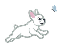 An applique design of a French bulldog chasing a butterfly in 6 sizes by snugglepuppyapplique.com