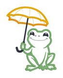 An applique design of a frog holding an open umbrella in 6 sizes by snugglepuppyapplique.com