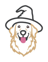 an applique design of a golden retriever wearing a witches hat by snugglepuppyapplique.com